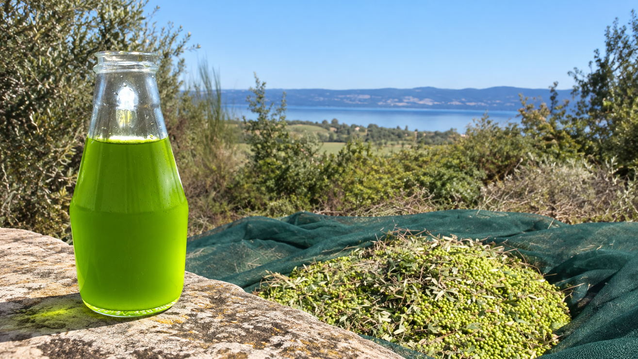 Fresh green olive oil and newly harvested olives at the ITALOIL family grove