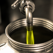 Fresh bright green olive oil pouring into a stainless steel container