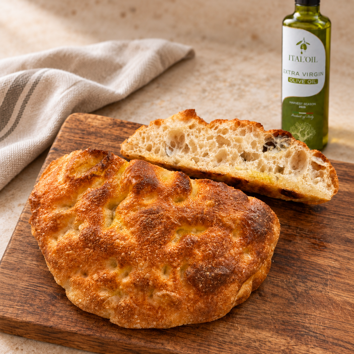 Round ITALOIL focaccia made with extra virgin olive oil from our family farm